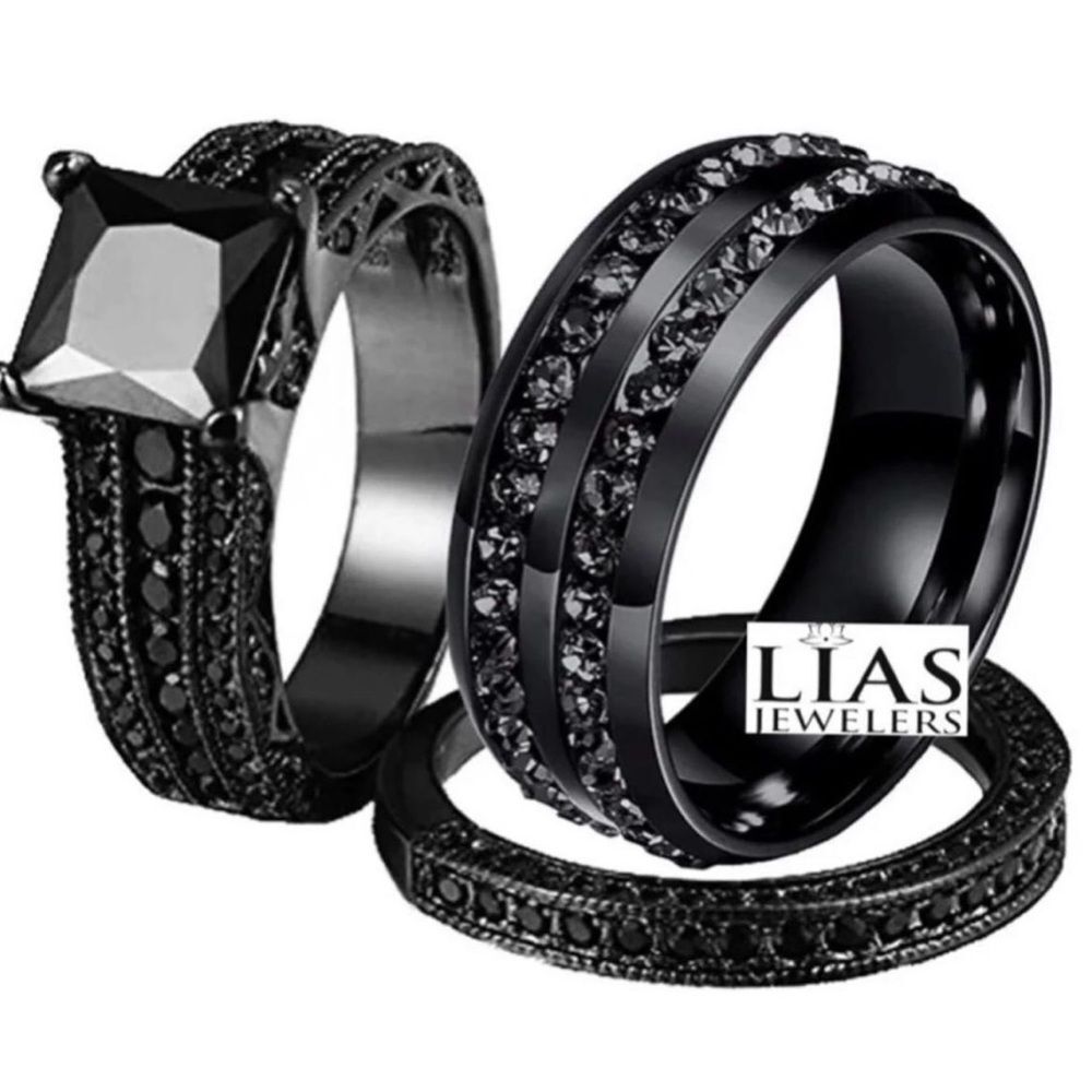 New s925 black gunmetal men’s and women’s wedding ring set